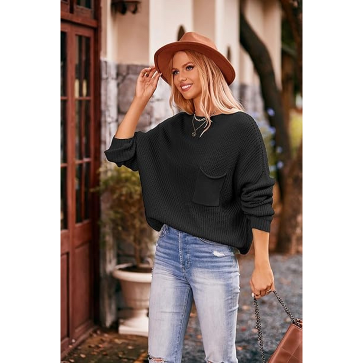 Women Long Sleeve Jumper, Lightweight Black Pullover Sweater - OneBag
