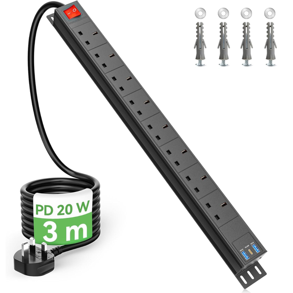 3m Extension Lead Power Strip Surge Protector 8xGang Way, 1xUSB-C, 2xUSB-A
