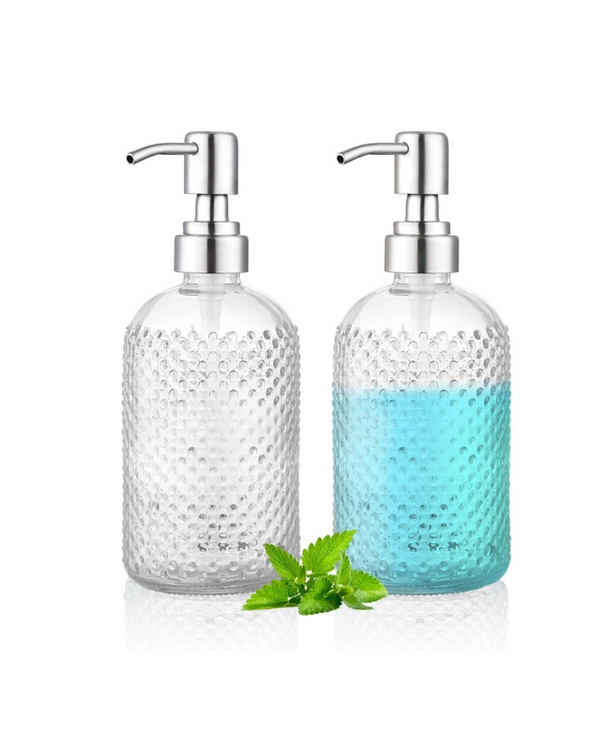 Soap Dispenser with Clear Glass and Stainless Steel Pump 2-Pack 350ml Thick Hand Soap, Essential Oil, Lotion