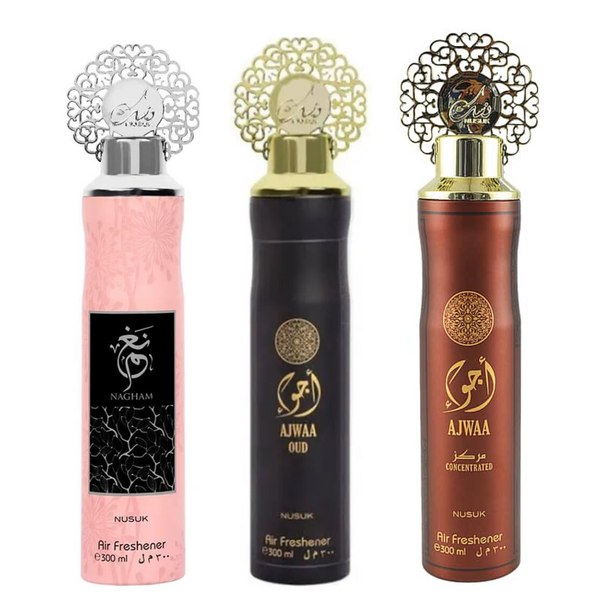 Air Freshener NUSUK DUBAI Nagham, Ajwaa Oud, Ajwaa Concentrated Arabic Air Spray 300ml (Pack of 3)
