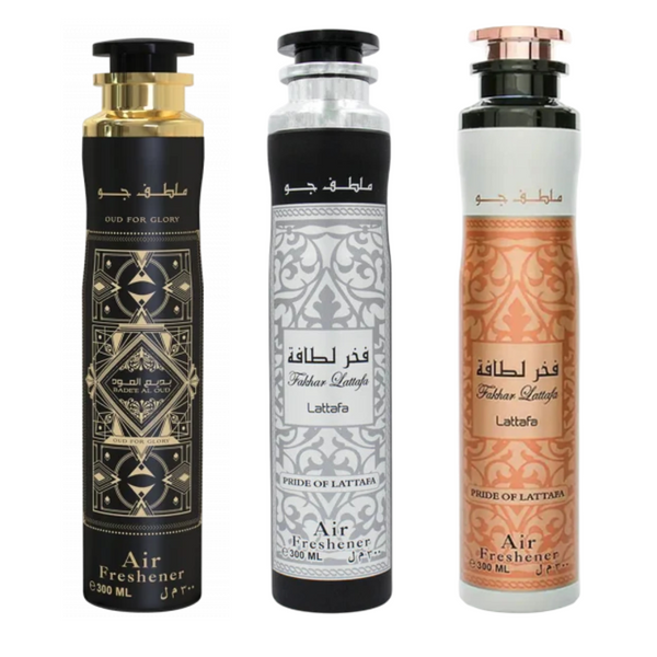 Air Freshener LATTAFA DUBAI Badee Al Oud, Fakhar Lattafa Black and Gold Arabic Air Spray 300ml (Pack of 3)