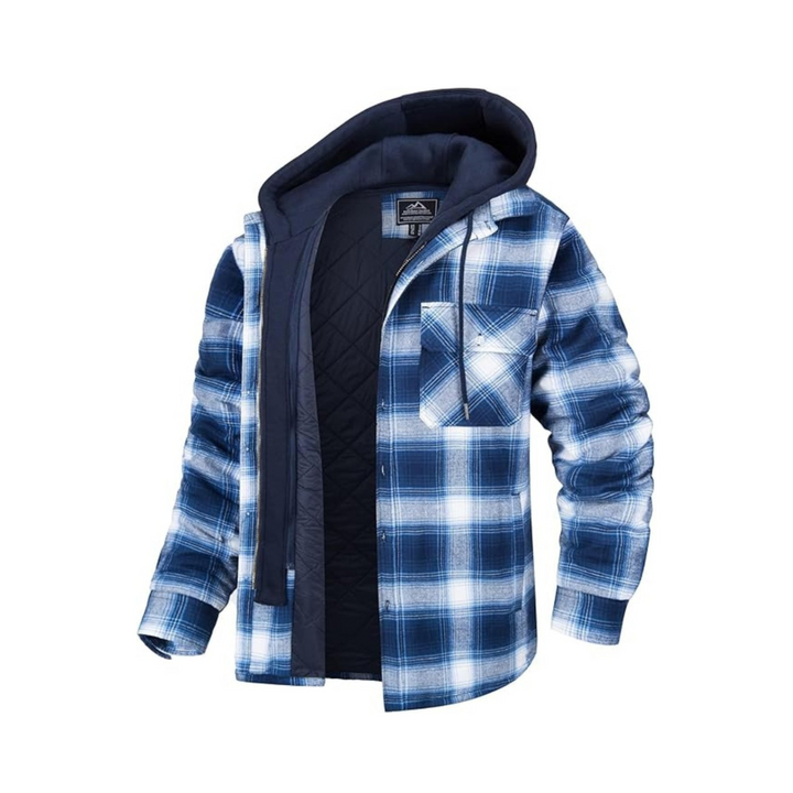 Men's Blue White Flannel Shirt Lumberjack Jacket with Removable Hood - OneBag