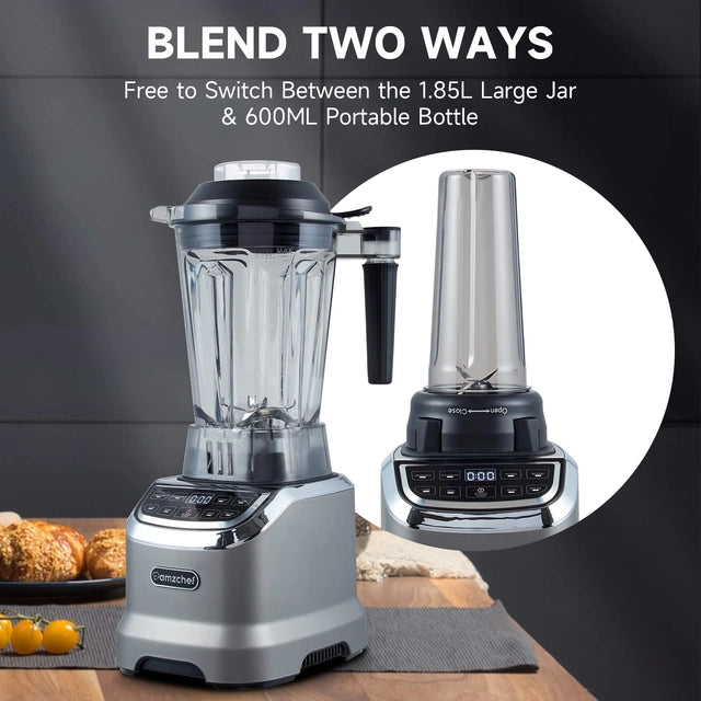 AMZCHEF Blender Smoothie Maker with Two Ways, 2000W Blenders for Kitchen with Smart Panel Control, 3 Speed Control & 4 Preset Settings, 1.8L Jug & 600ml Portable Bottle - OneBag