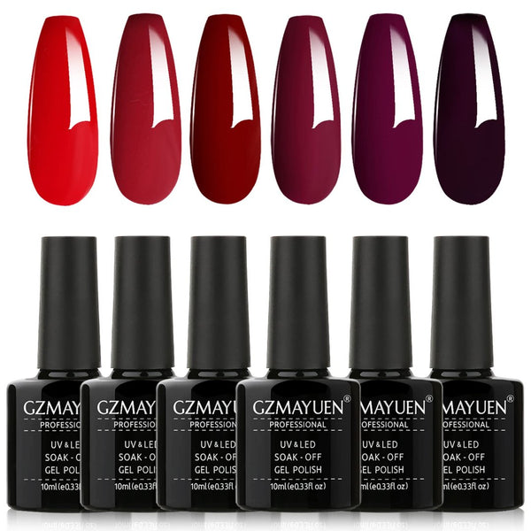 6 Pcs 10ml  Red Gel Nail Polish, Shellac Dark Red 6 Colours, Red Nails UV Gel Shine Red Nail Gel Polish Set