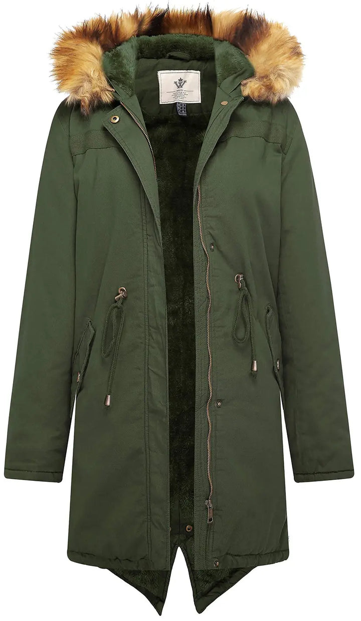 Women's Armey Green Medium Winter Long Hooded Thickened Sherpa Fleece - OneBag