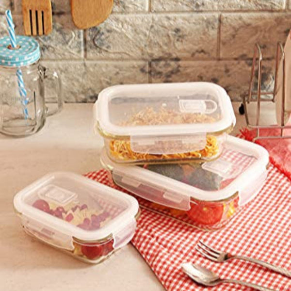 3 Pcs Glass Rectangular Round Container with Air Vent Lid, Food Storage Container with Lid, Microwave, Oven, Dishwasher and Freezer Safe