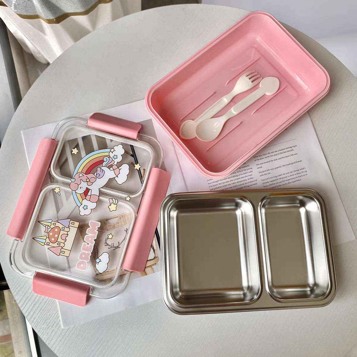 2 Grid Compartment Stainless Steel Kids Lunch Box, Leakproof Lunchbox with Cutlery for Boys and Girls