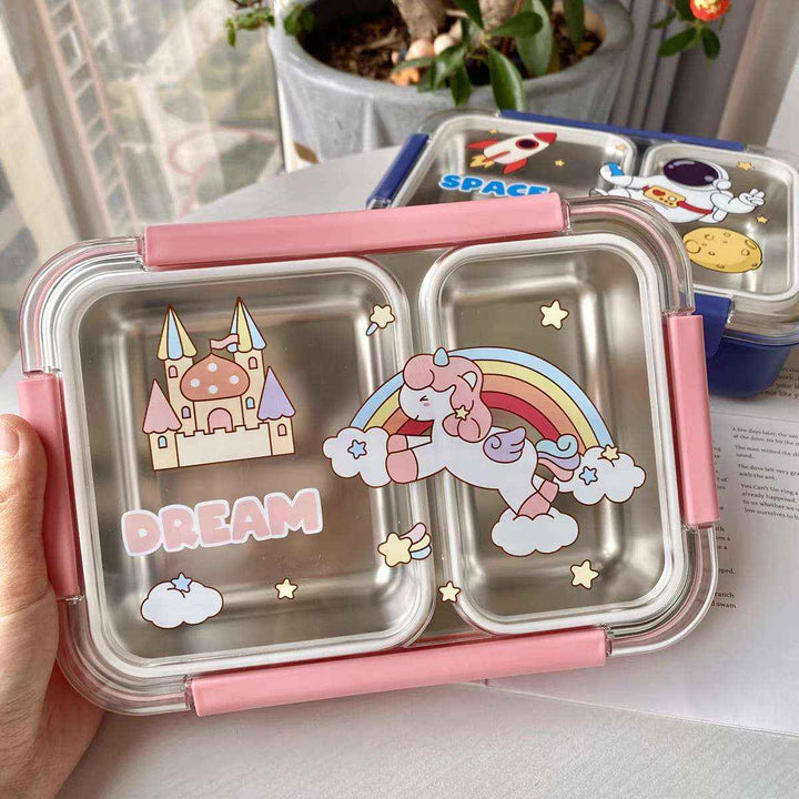 2 Grid Compartment Stainless Steel Kids Lunch Box, Leakproof Lunchbox with Cutlery for Boys and Girls
