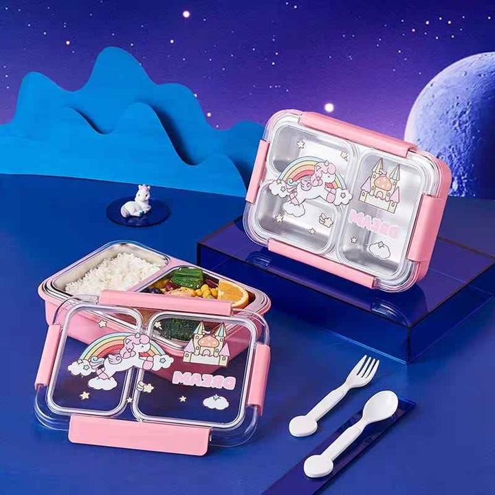 2 Grid Compartment Stainless Steel Kids Lunch Box, Leakproof Lunchbox with Cutlery for Boys and Girls