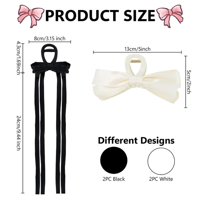 WATUNID 4 Pcs Black & White  Bow Hair Claw Clips for Women Girls, Large Bow-knot Hair Claw Clip Barrettes Barrette for Thick & Thin Hair, Nonslip Claws Clamps Hair Clip - OneBag