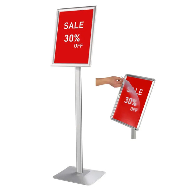 A4 Silver Poster Stand Floor Standing Sign Holder Snap Frame Adjustable Aluminum Sign Stand with heavy duty base, Display Notice Menu Stand for Wedding/Business Activities Display