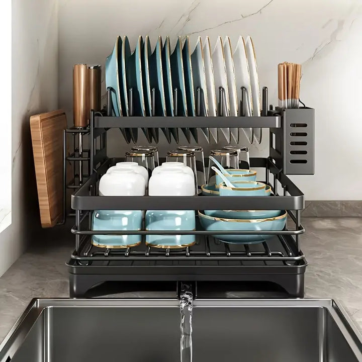 2-Tier Black Iron Kitchen Dish Rack - Large Capacity Storage Organizer with Drainboard, Utensil Holder & Cup Hooks - OneBag