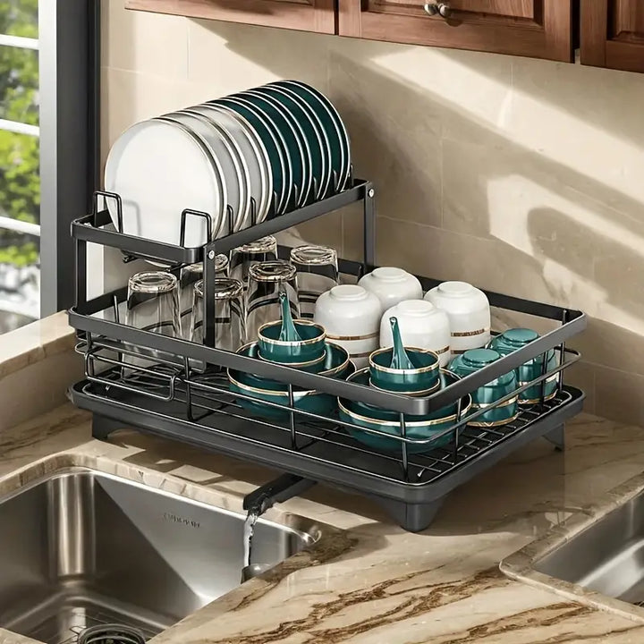 2-Tier Black Iron Kitchen Dish Rack - Large Capacity Storage Organizer with Drainboard, Utensil Holder & Cup Hooks - OneBag