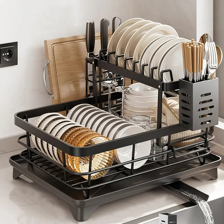 2-Tier Black Iron Kitchen Dish Rack - Large Capacity Storage Organizer with Drainboard, Utensil Holder & Cup Hooks - OneBag