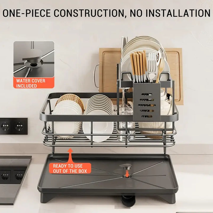 2-Tier Black Iron Kitchen Dish Rack - Large Capacity Storage Organizer with Drainboard, Utensil Holder & Cup Hooks - OneBag