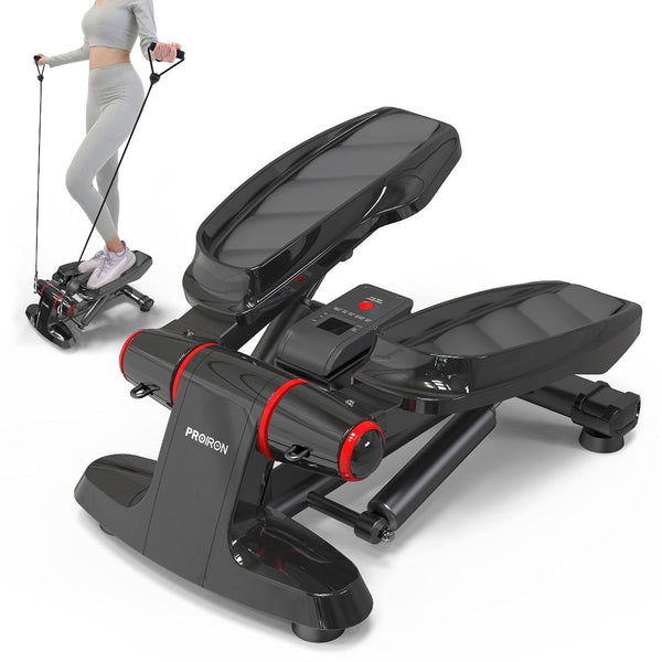 Black Mini Stepper with Extra Large Non-Slip Pedal, Step Exercise Machine with Resistance Bands