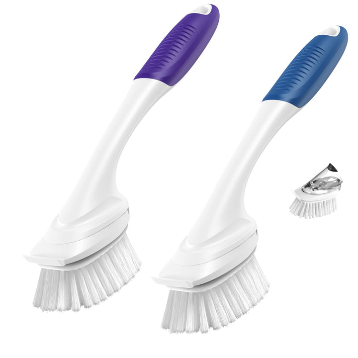 2-3 Pcs Dish Brush with Plastic Handle Built-in Scraper, Replaceable Brush Scrubbing Brush - OneBag