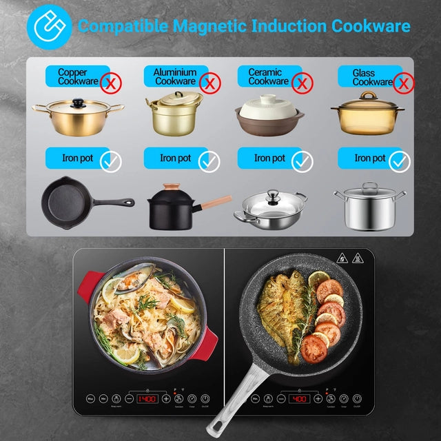 Aobosi Double Induction Hob,Induction Hobs with Black Glass Panel Body, Independent Control,Induction Cooker with 20 Temperature Setting&18 Power Levels[Upgrade],4-Hour Timer,2800W,Safety Lock - OneBag