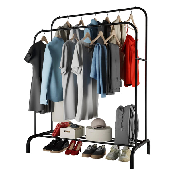 Clothes Rail Stand with Double Rail and Shoe Shelf Rack, Black Metal Heavy Duty Garment Hanging Shelf
