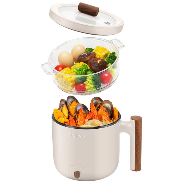 Electric Hot Pot with Steamer, 1.5 & 1.8L Non-stick Ramen Cooker, 2 in 1 Shabu Shabu Hot Pot, Multifunctional Cooker with Overheating Protection for Stew, Noodles - OneBag