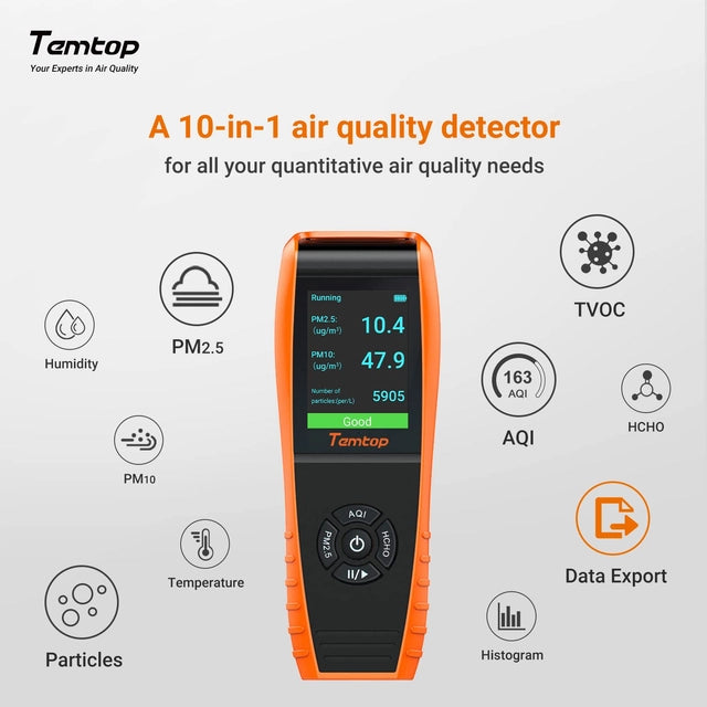 Temtop Air Quality Monitor Detects, PM2.5 PM10 Formaldehyde TVOC AQI Temperature Humidity Tester, Particle Counter Indoor Outdoor Air Pollution Detector with Data Export, LKC1000S+ 2nd - OneBag