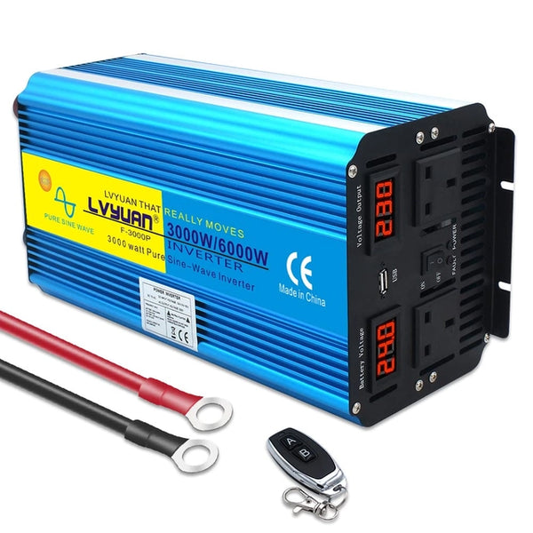 Cantonape Power Inverter 3000W/6000W Pure Sine Wave Car Inverter DC 24V to AC 230V 240V Converter With wireless Remote Control, dual AC outlets, Dual cooling fans &1 USB Port for RV Truck Car