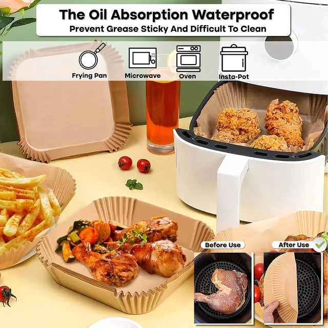100 Pcs Size 6.3 Brown Airfryer Liners,  Liners Disposable Square Non-Stick Paper for Oven, Airfryers Oil Resistant Parchment Paper Waterproof - OneBag