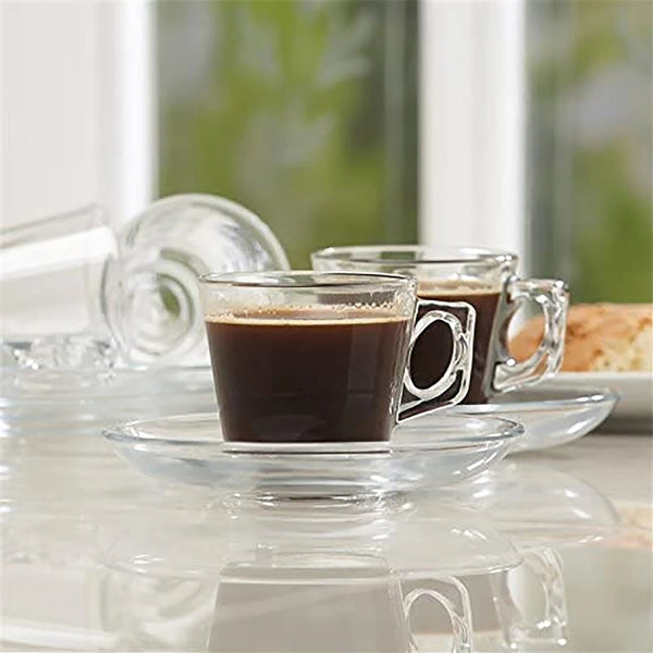 Tea Cup and Saucer Set of 6, Clear Glass Tea Coffee Mugs and Serving Plates 90 ml