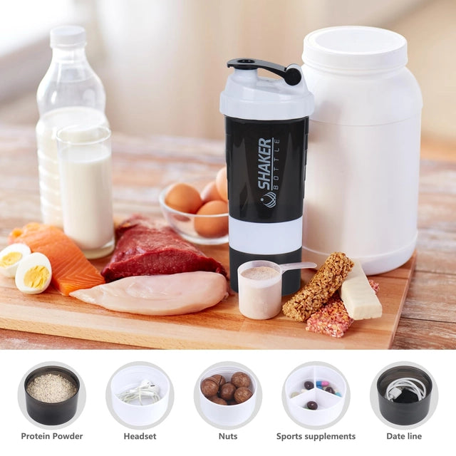 VIGIND Non Slip 3 Layer 16 oz Shake Cup with Pill Tray Storage, White Protein Shaker Bottle,Leak Proof Sports Water Bottle for Protein Mixer - OneBag