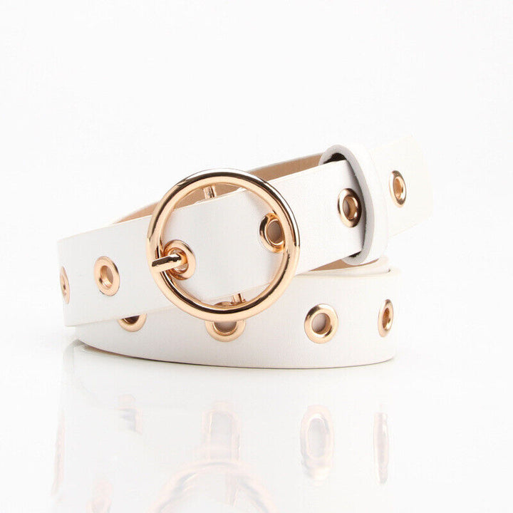 103cm Women's White Genuine Leather Retro Belt with Gold Metal Round Buckle - OneBag