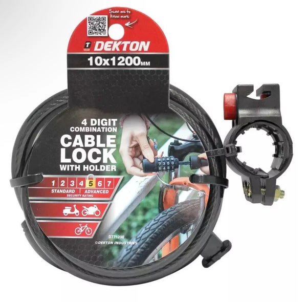 Dekton 10x1200mm 4 Digit Combination Steel Cable Lock With Holder Cut Resistant