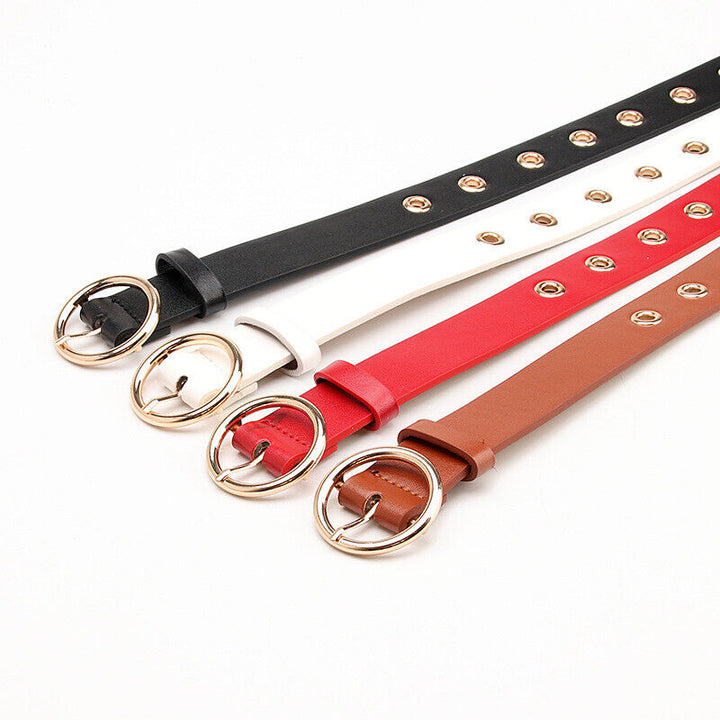 103cm Women's White Genuine Leather Retro Belt with Gold Metal Round Buckle - OneBag