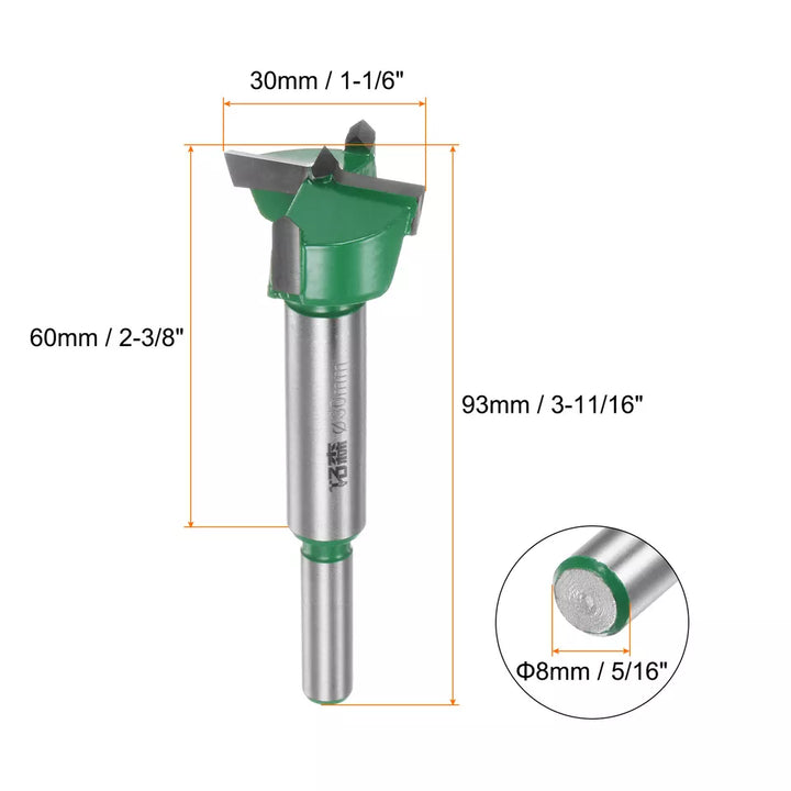 Green Forstner Drill Bit 30mm (1-1/6") Tungsten Carbide Wood Forstner Bit Opener Cutter for Hinge Hole Drilling Woodworking - OneBag