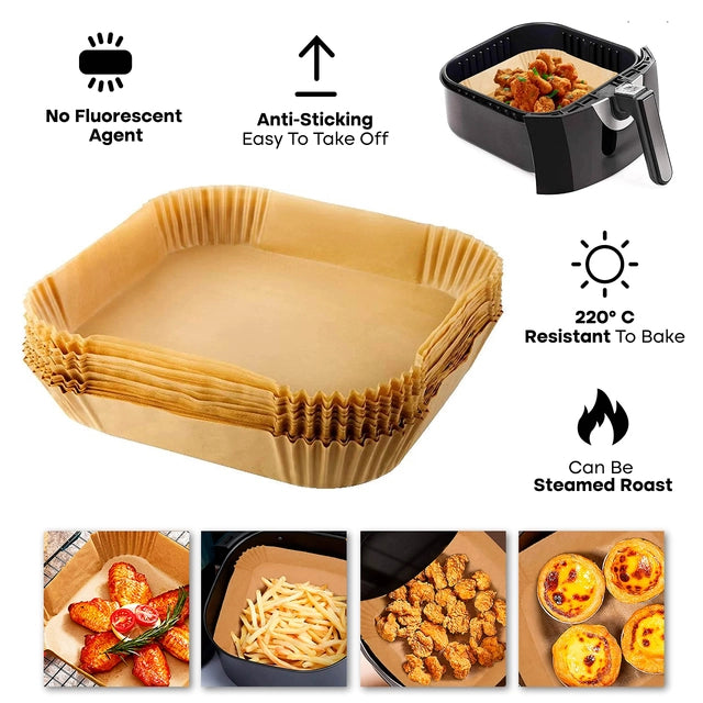 100 Pcs Size 6.3 Brown Airfryer Liners,  Liners Disposable Square Non-Stick Paper for Oven, Airfryers Oil Resistant Parchment Paper Waterproof - OneBag