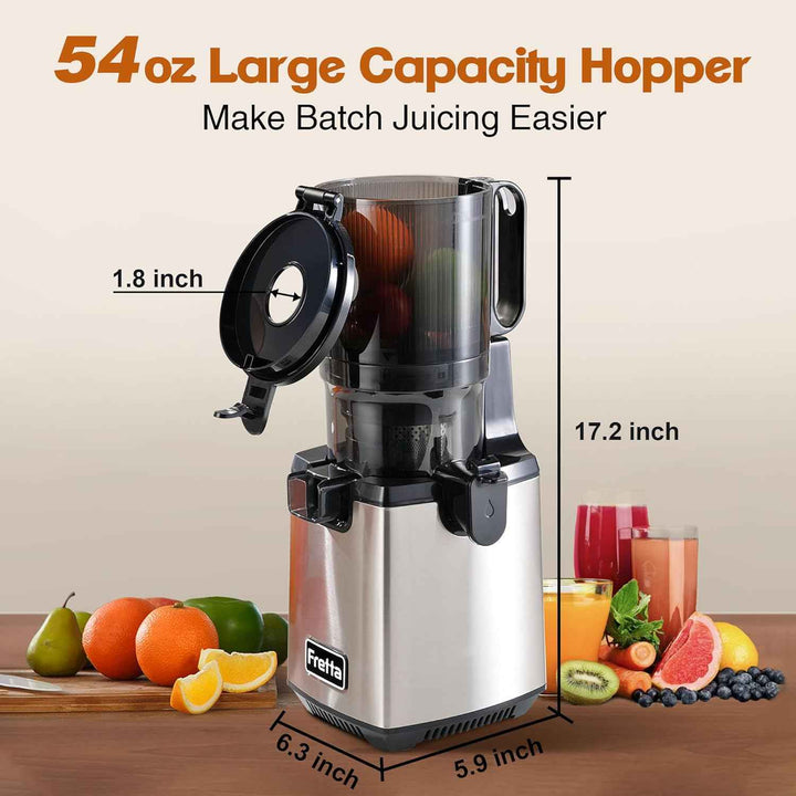 Fretta Cold Press Juicer Machines, Stainless Steel Masticating Slow Juicers, 250W and 140MM Feed Chute Fit for Fruits and Vegetables