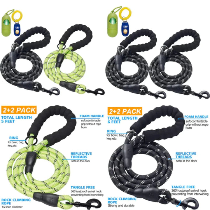 2 Pcs Reflective 0.5inX5FT Heavy Duty Dog Leash with Comfortable Padded Handle for Medium Large Dogs - OneBag