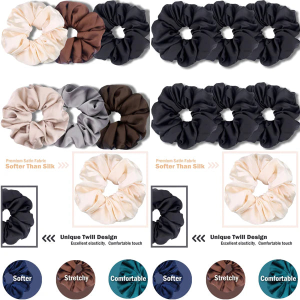 6 Pcs Women Large Satin Hair Scrunchies, Neutrals Colourful, Black for Women Thick Hair - OneBag