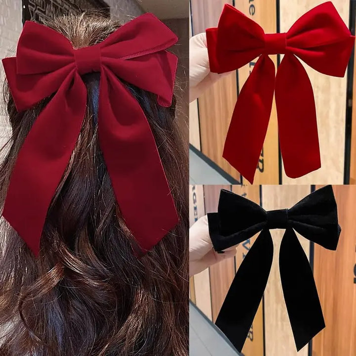 Velvet Bow Hair Clip with Pearl Hair Pins, Large Satin Ribbon Bow Hairpins, Hair Accessories - OneBag